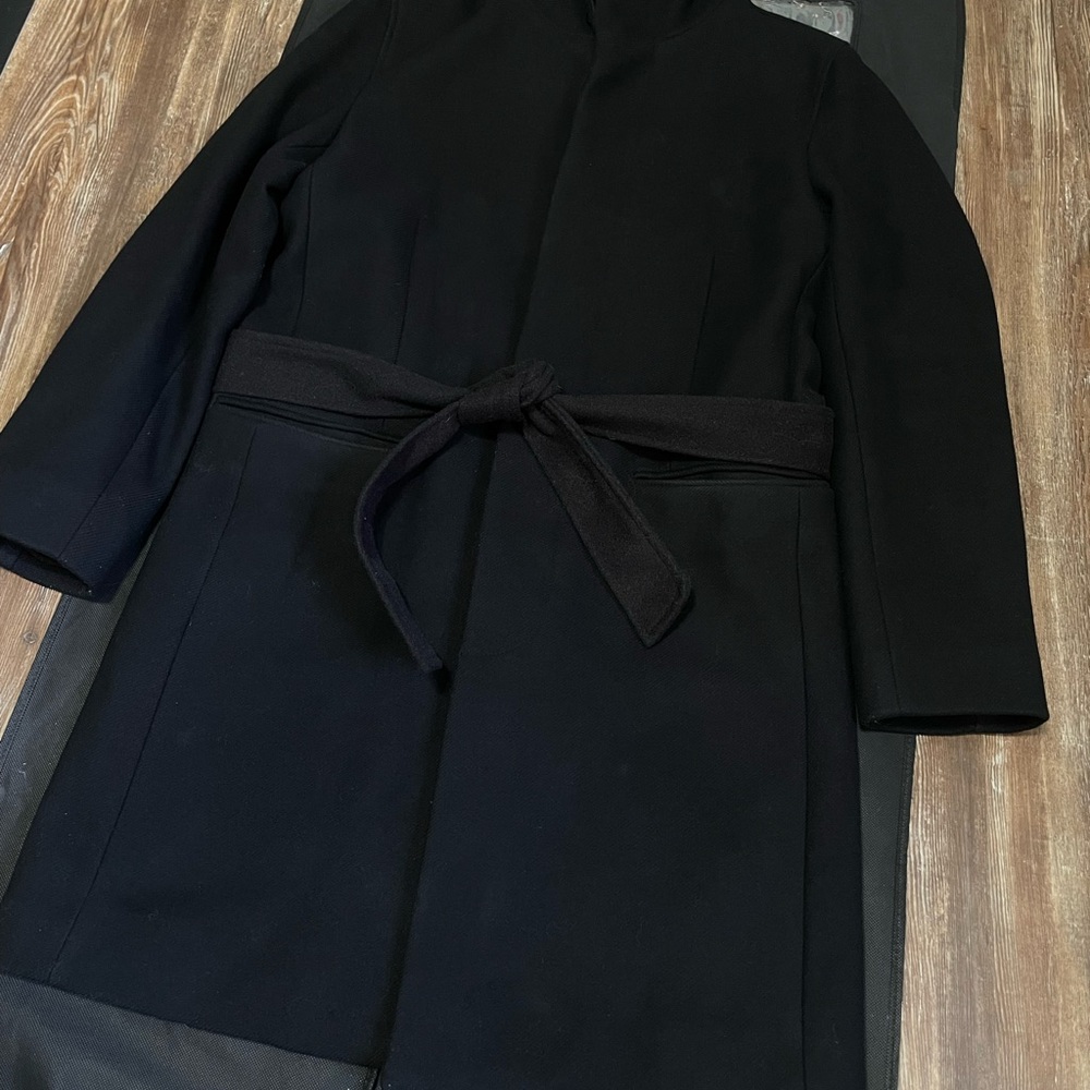 Theory Belvin, Custom Belted Coat Size M Wool Blend Black Single Breasted